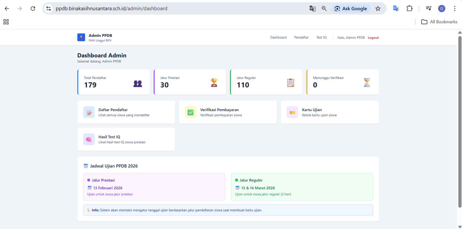 Dashboard Admin PPDB - ARKANA TECHWORKS Project